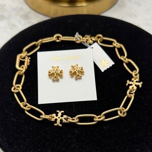 Tory Burch Gold Logo Link Necklace with Matching Logo Stud Earrings